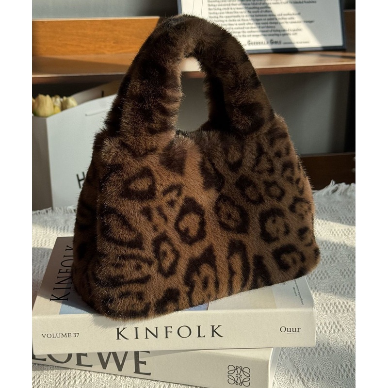 Stylish Leopard Fuzzy Fur Fluffy Large Capacity Tote Handbag