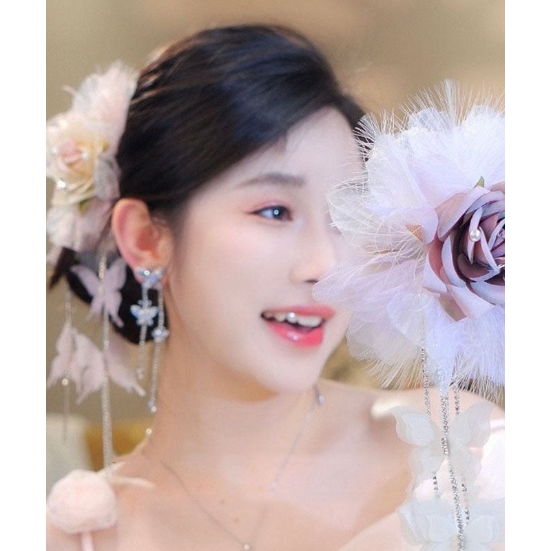 Stylish Pink Fabric Zircon Floral Butterfly Tassel Hairpin