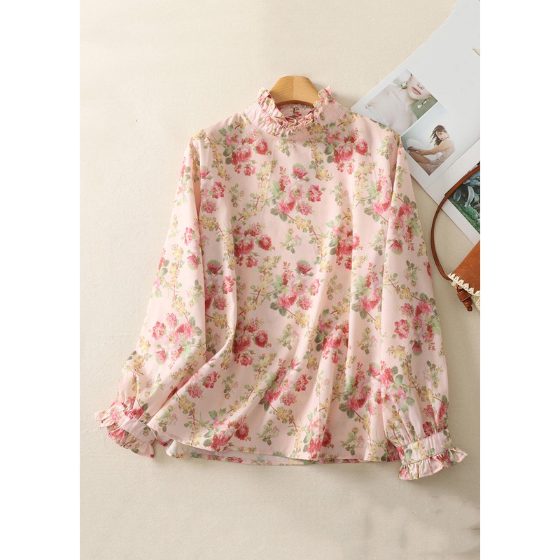 Stylish Pink Ruffled Print Button Cotton Blouse Top Spring