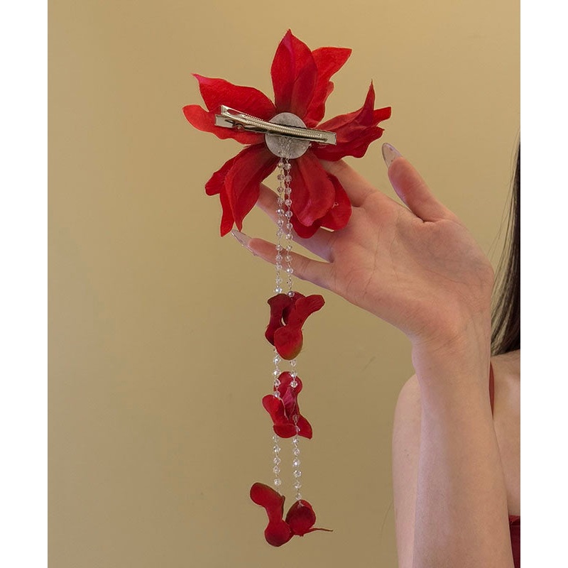 Unique Red Floral Seed Pearl Tassel Hairpin