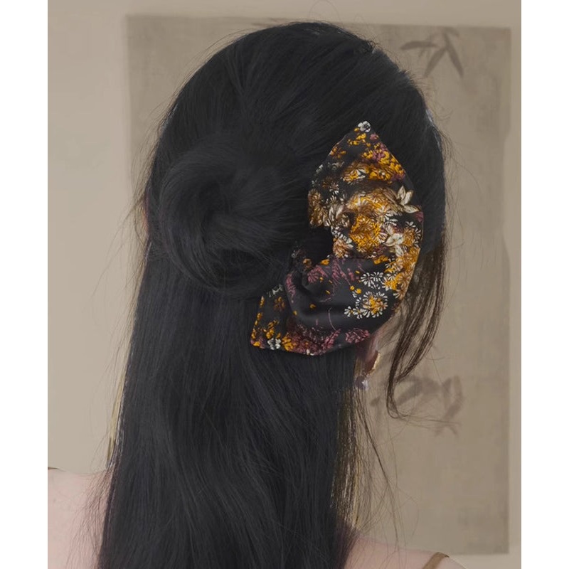 Vintage Black Copper Tiger Eye Stone Embroidery Fan-Shaped Hairpin