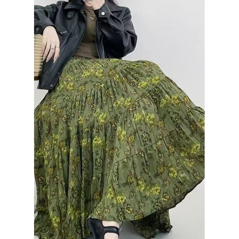 Vintage Green Print Wrinkled Elastic Waist Cotton Skirts Spring