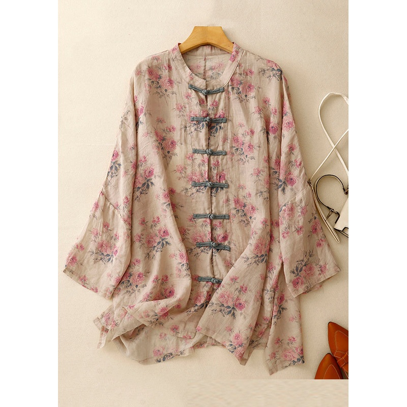 Vintage Pink Print Chinese Button Linen Shirts Spring