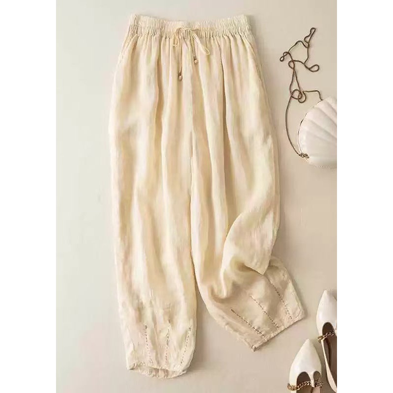 Women Apricot Pockets Drawstring Linen Crop Pants Summer