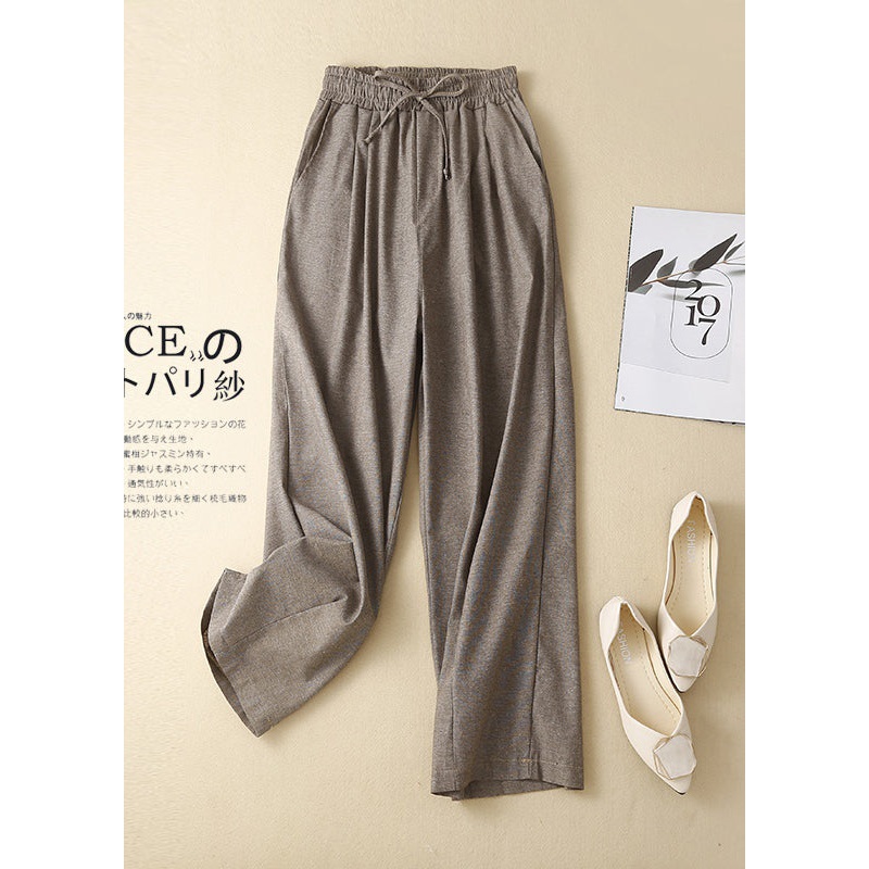 Women Khaki Elastic Waist Linen Pants Spring