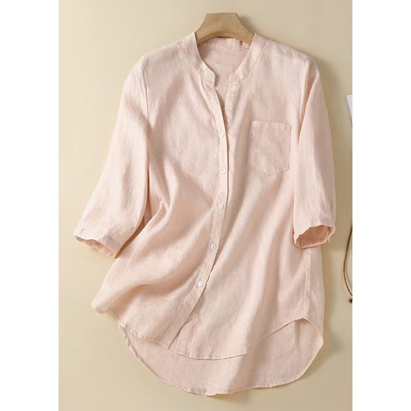 Women Pink Button Solid Cotton Shirt Half Sleeve