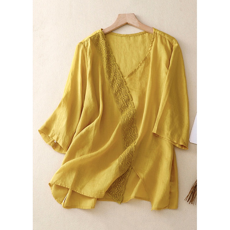 Women Yellow V Neck Lace Linen Top Half Sleeve