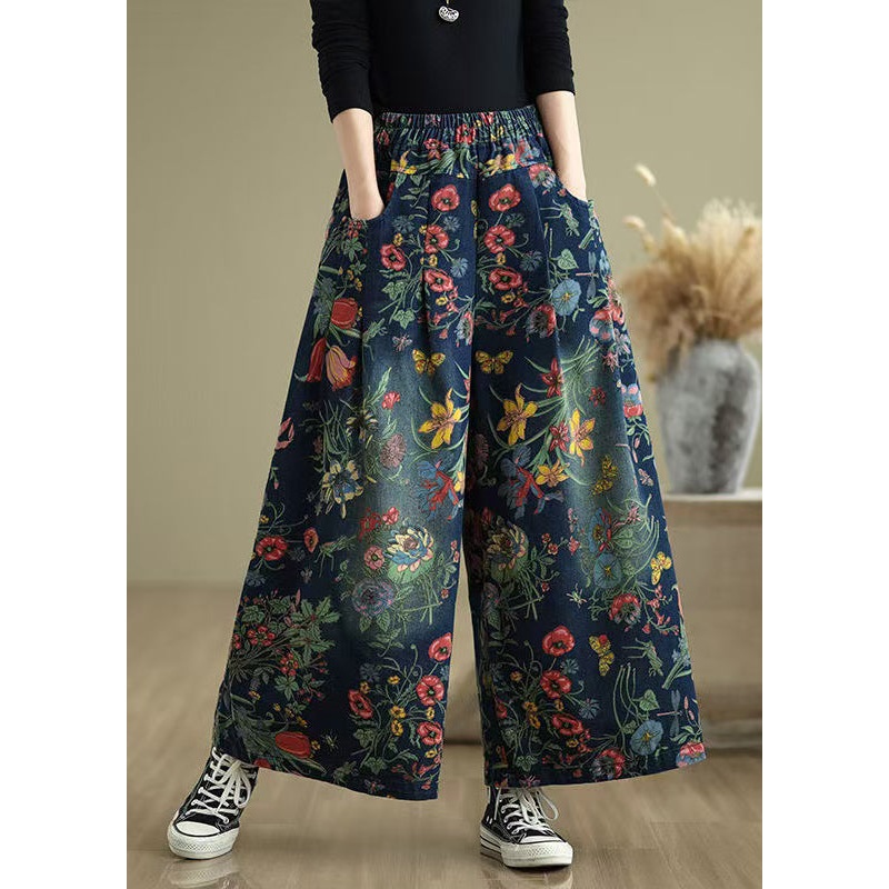 Beautiful Navy Oversized Print Denim Wide Leg Pants Summer