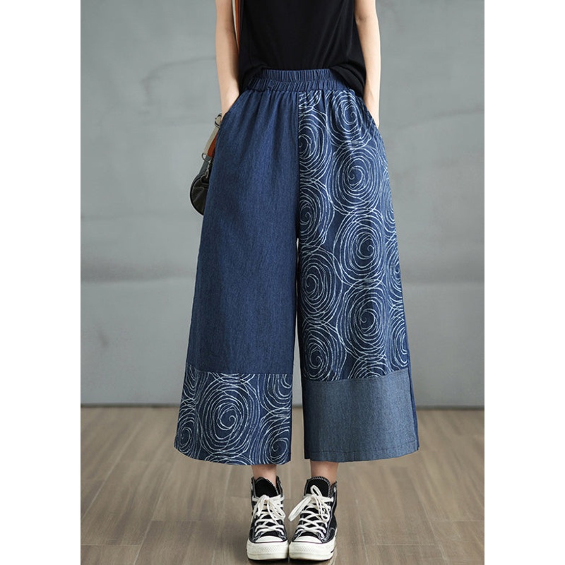 Bohemian Navy Asymmetrical Print Denim Pants Summer