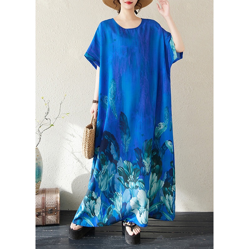 Bohemian Peacock Blue Oversized Print Holiday Dress Summer