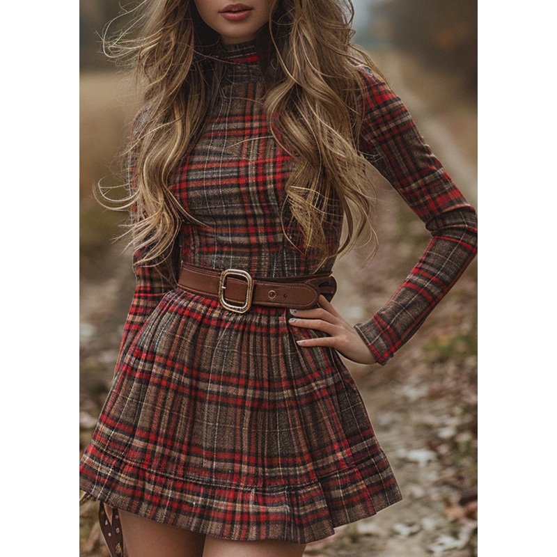 Bohemian Red Hign Neck Plaid Cotton Mini Dress Spring