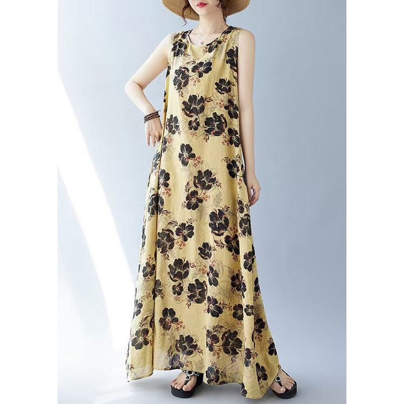 Bohemian Yellow Oversized Print Cotton Dresses Sleeveless