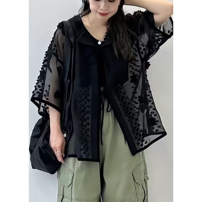 Boho Black Jacquard Tulle Sheer Tops Summer
