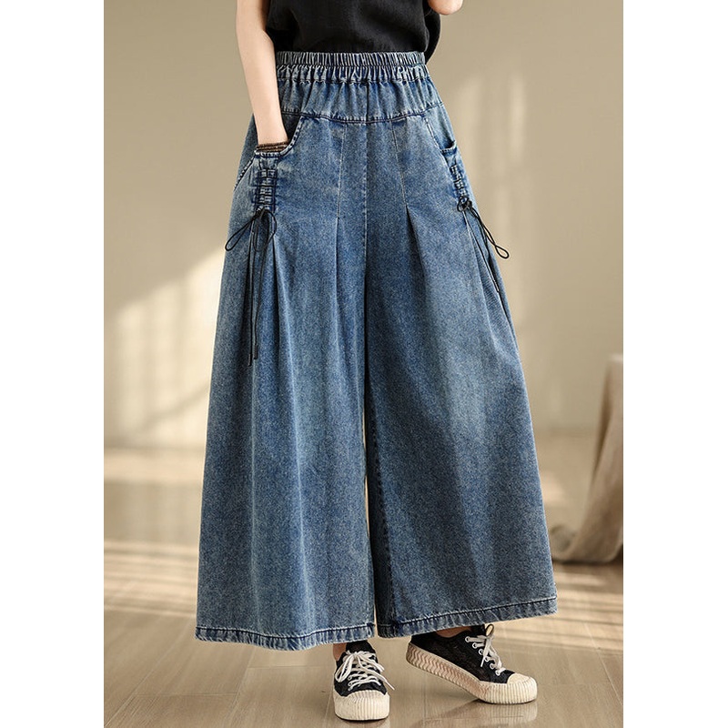 Denim Blue Cross Strap Wide Leg Pants Wrinkled Summer