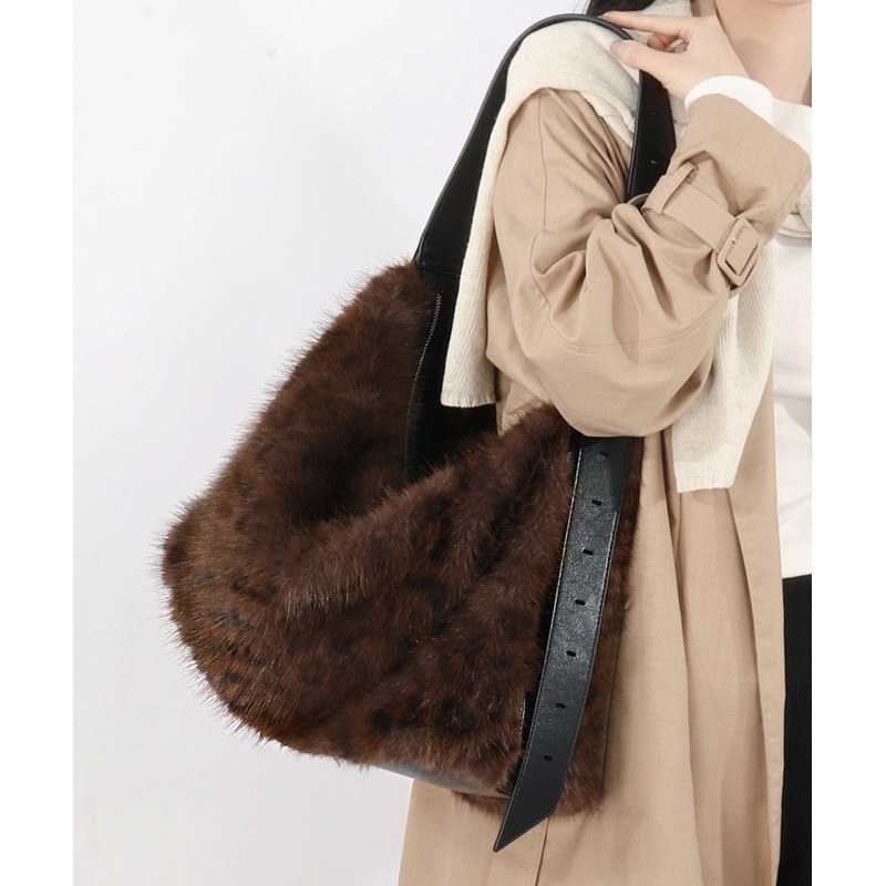 Fashion Coffee Leopard Large Capacity Fuzzy Fur Satchel Bag Handbag