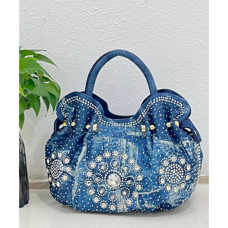 Fine Blue Zircon Solid Durable Denim Tote Handbag