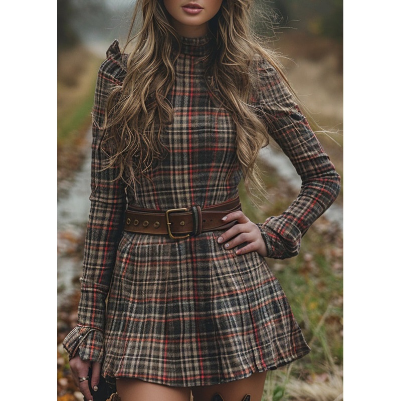 French Half High Neck Ruffled Plaid Cotton Dress Spring