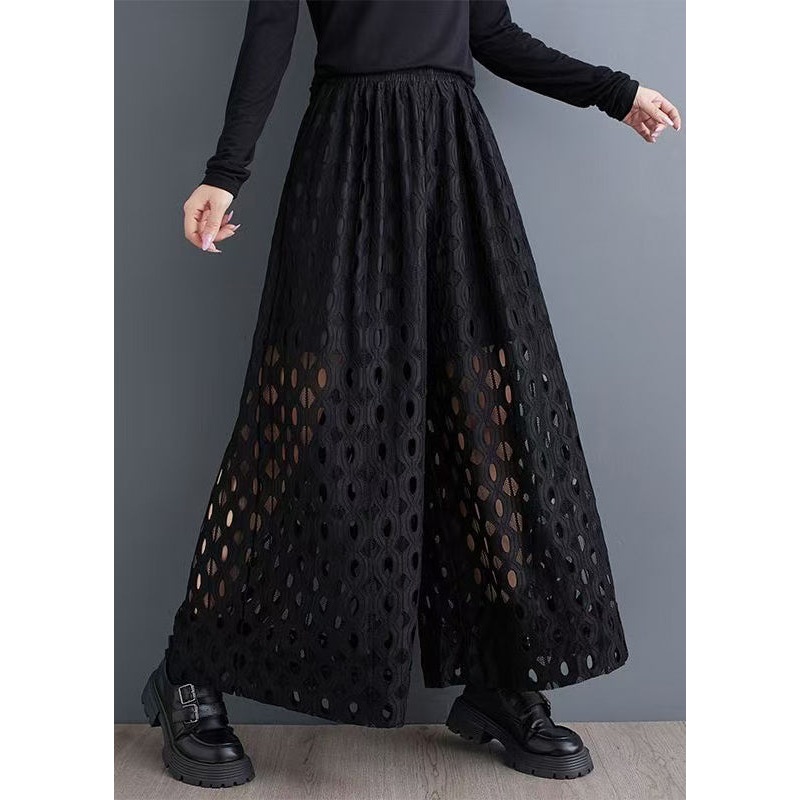 Natural Black Hollow Out Wide Leg Pants Trousers Summer