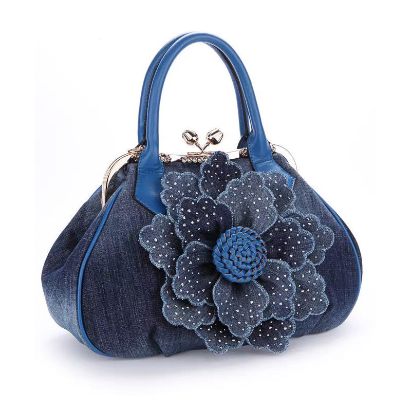 New Blue Flower Women's Denim Satchel Bag Handbag
