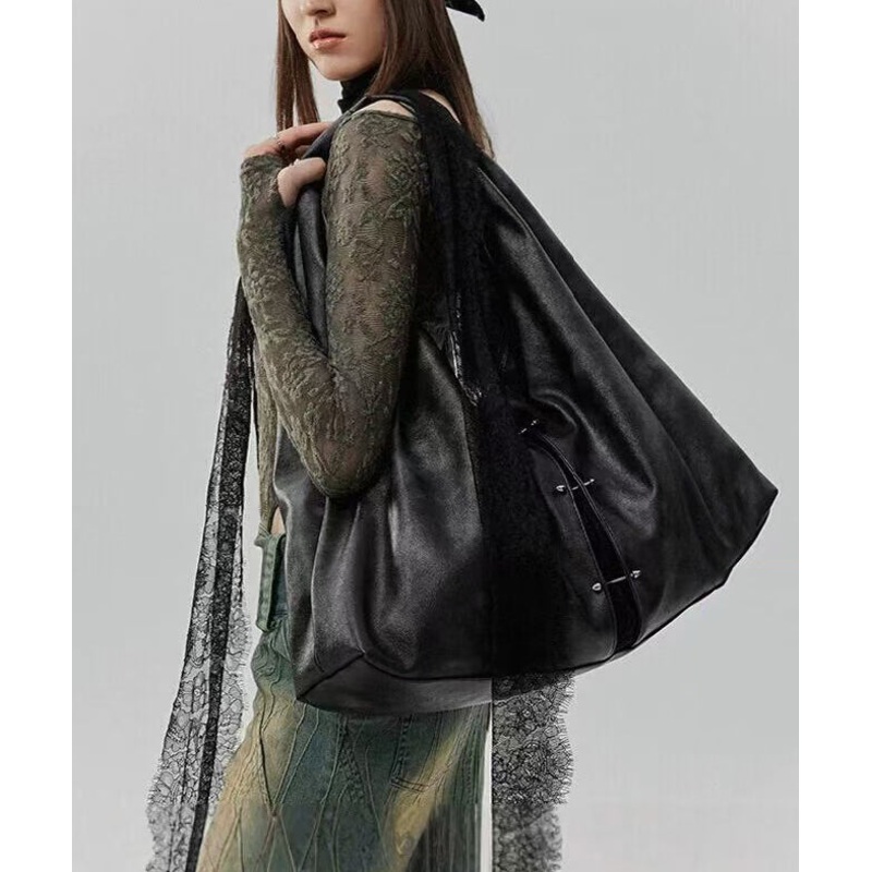 Stylish Black Lace Large Capacity Faux Leather Satchel Handbag