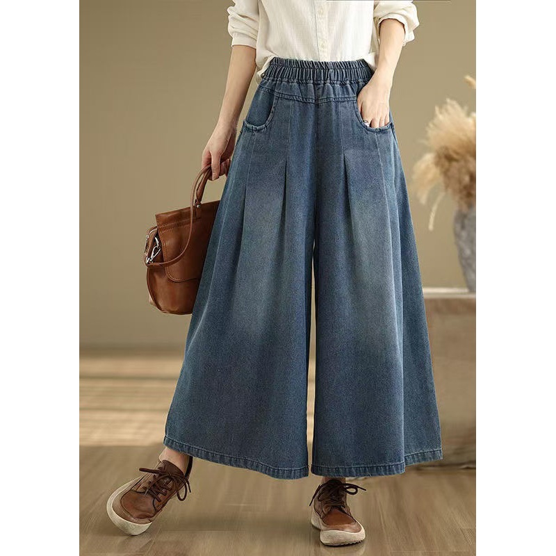Unique Navy Elastic Waist Wrinkled Denim Wide Leg Pants Summer