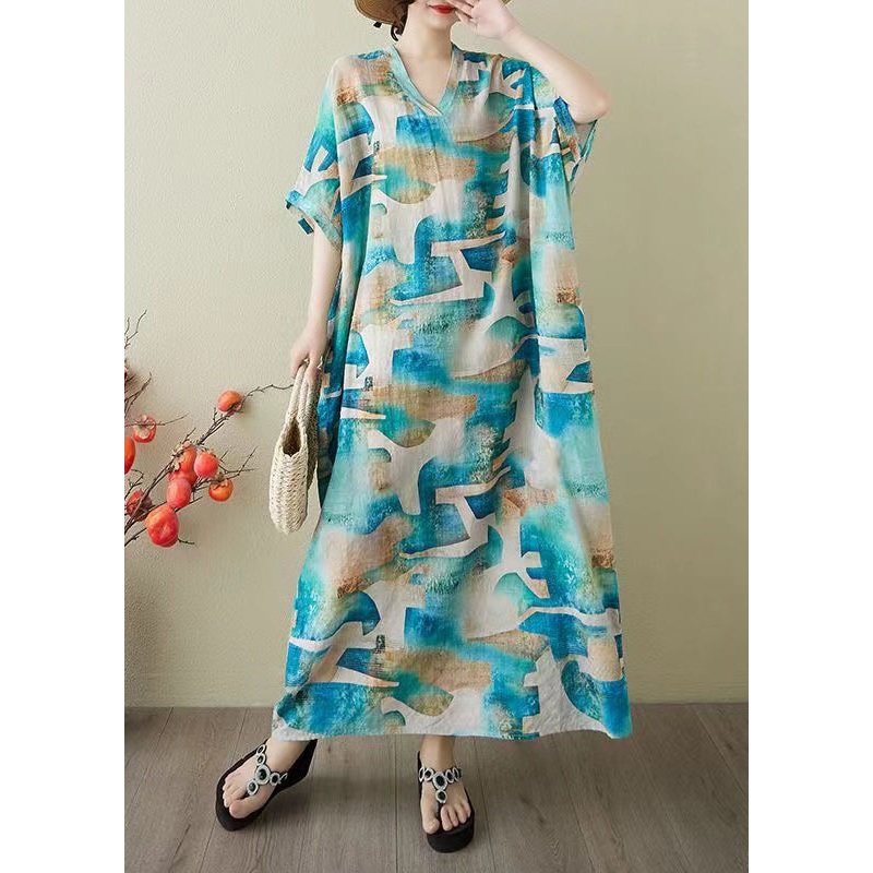 Women Blue Oversized Print Cotton Party Dress Summer