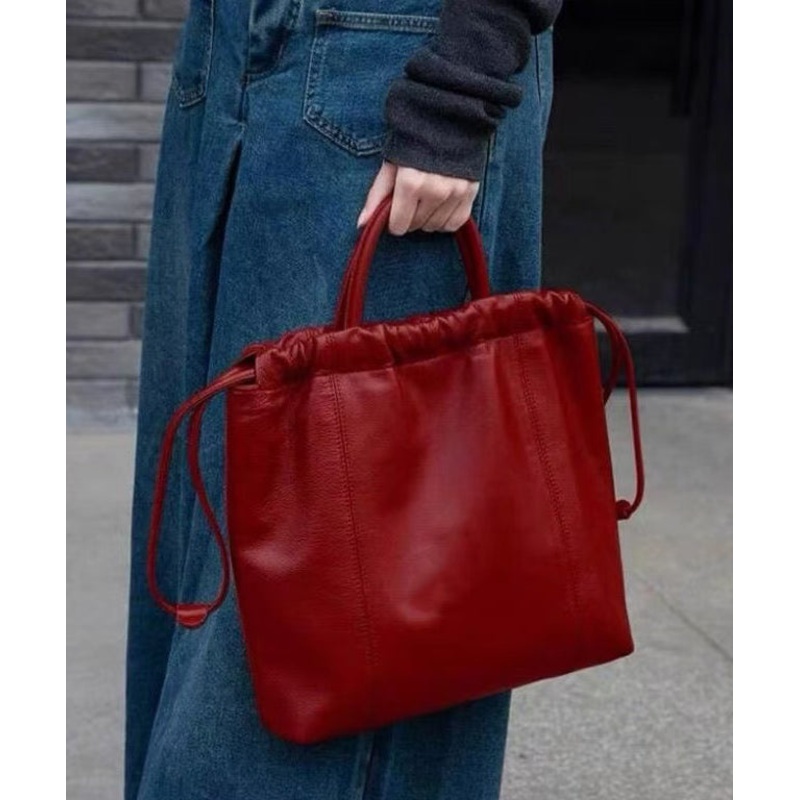 Women Red Drawstring Large Capacity Faux Leather Satchel Handbag