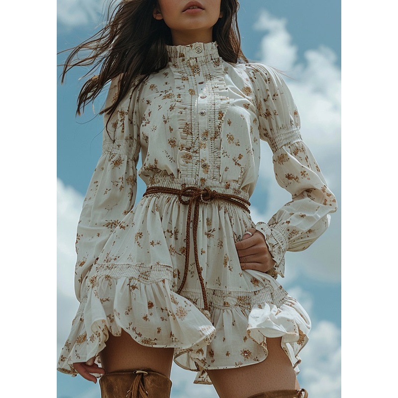 Women White Ruffled Print Patchwork Cotton Dress Long Sleeve