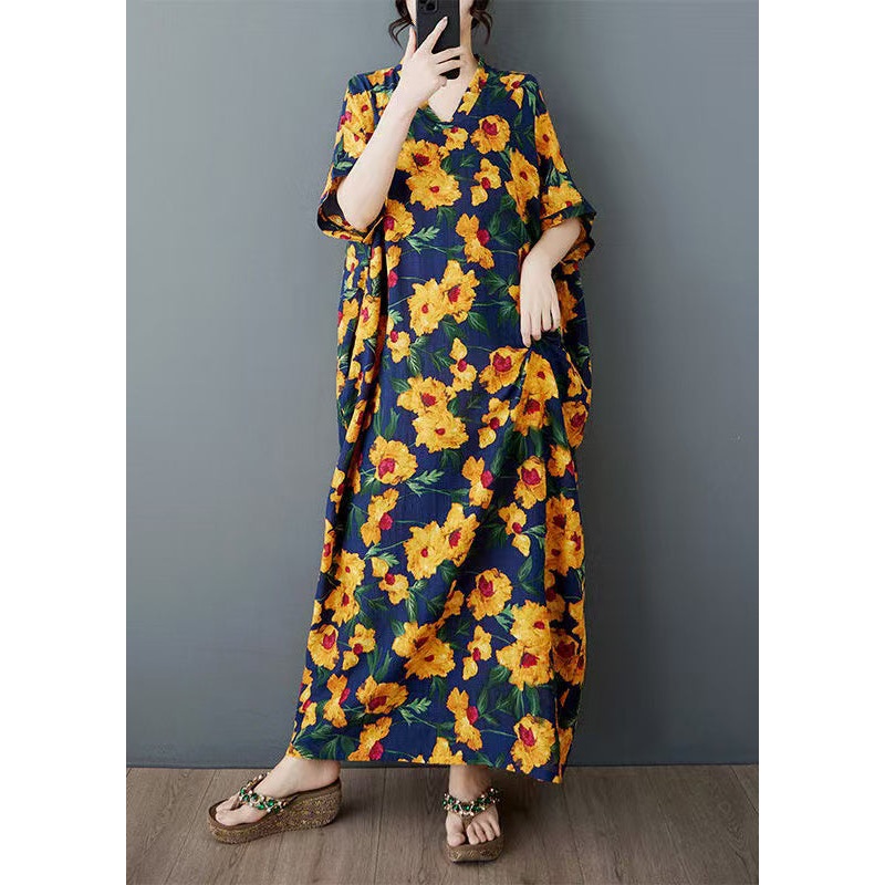Yellow Print Cotton Long Dress Oversized Batwing Sleeve